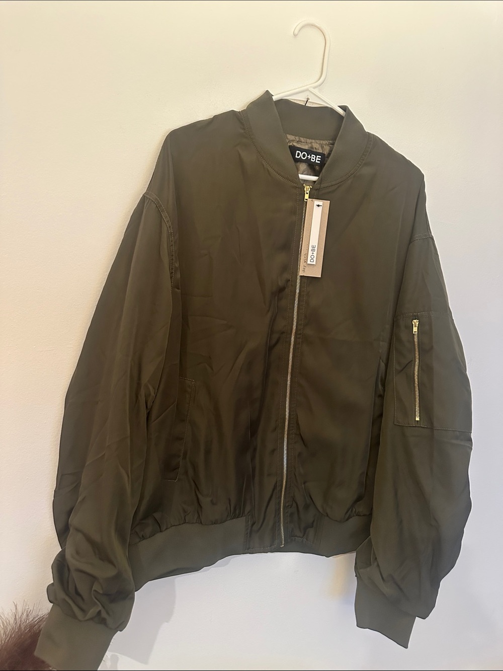 DO+BE Olive Green Bomber Jacket with Zip Sleeve Pocket